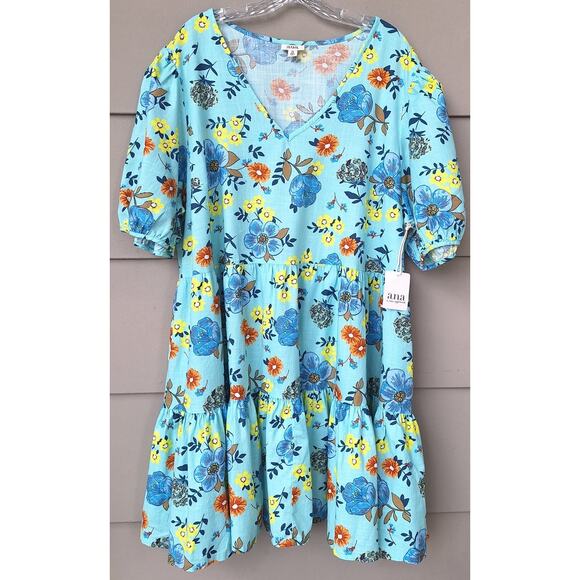 a.n.a. Tiered Short Cottage Dress 100% Cotton Floral Turquoise Blue Orange Sz 2X - Picture 1 of 12
